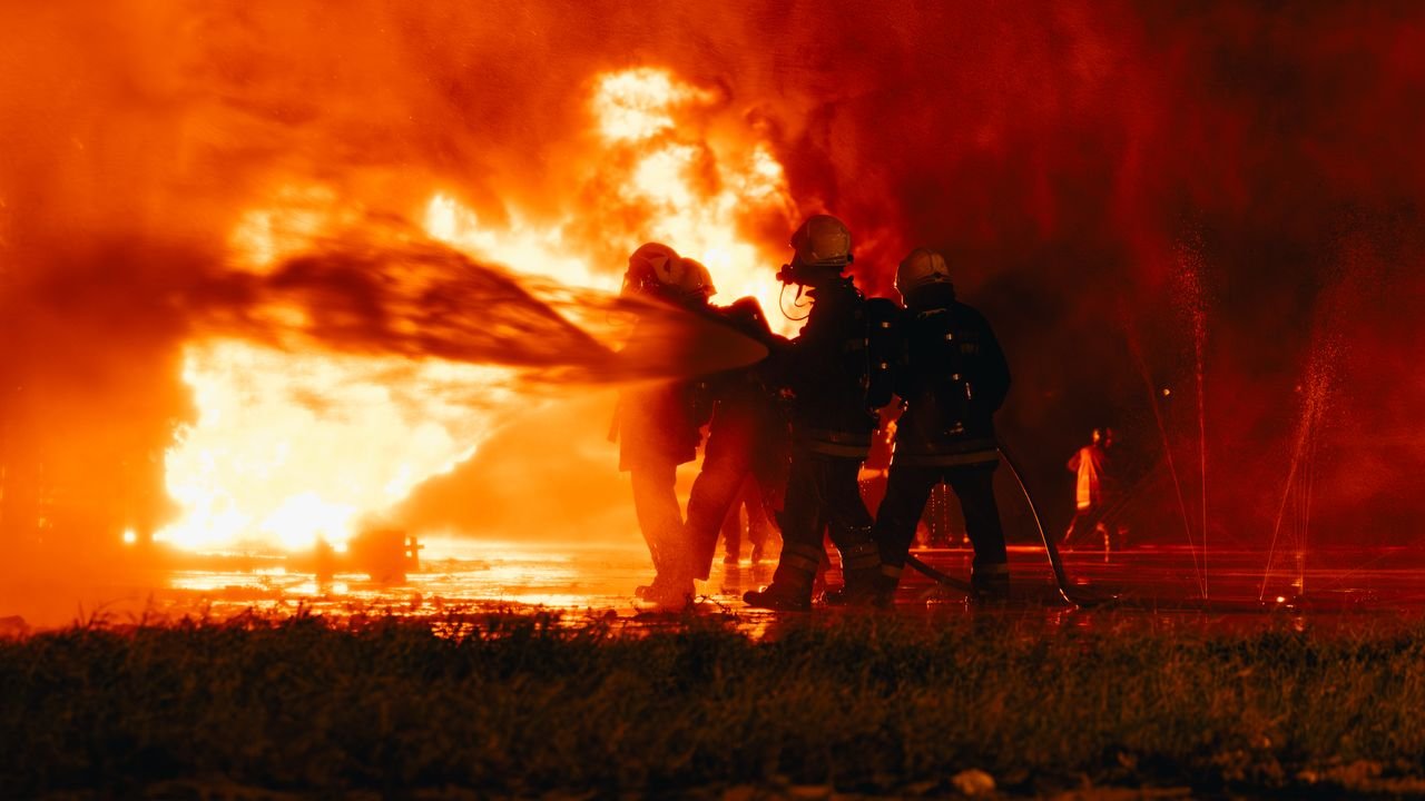 About Firefighters bravely combat a raging fire at night in Libya, showcasing courage and teamwork.